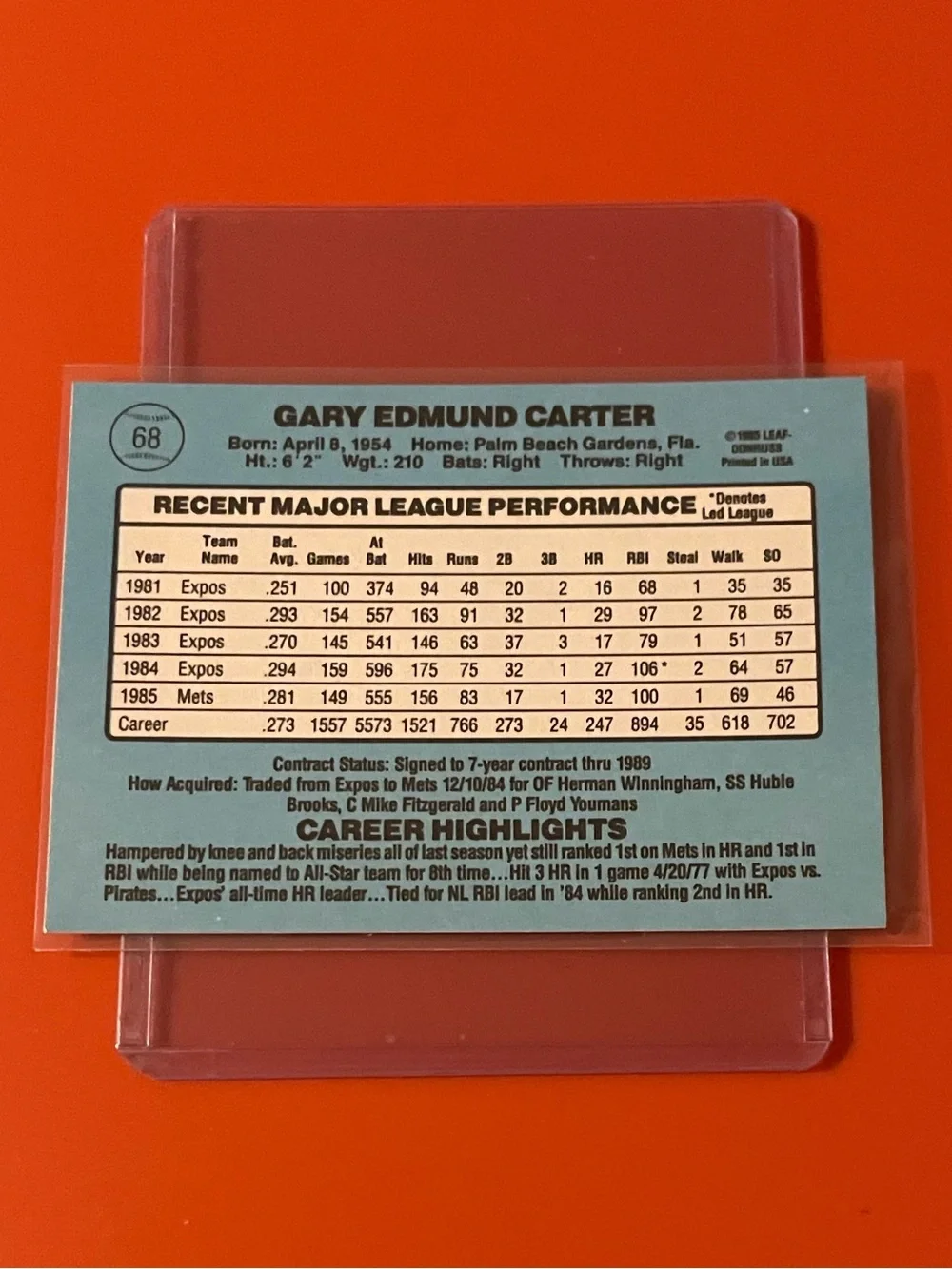 Gary Carter #68 1986 Donruss Baseball Trading Card